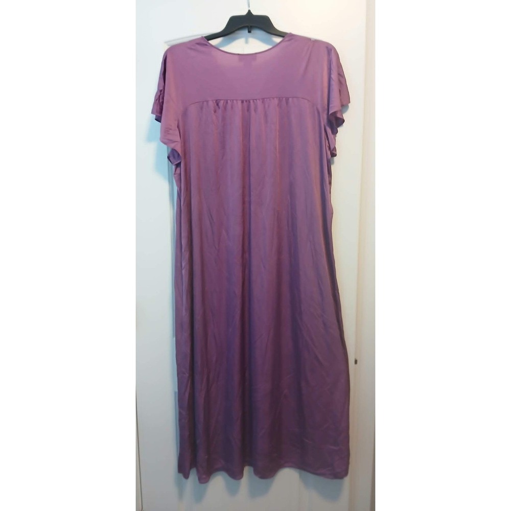 Shadowline Petals Purple Nylon Tricot Long Nightgown Lace V-Neck XL Sleeves - Picture 2 of 3